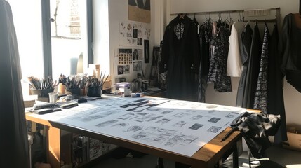 Design Studio Workspace with Sketches & Clothes