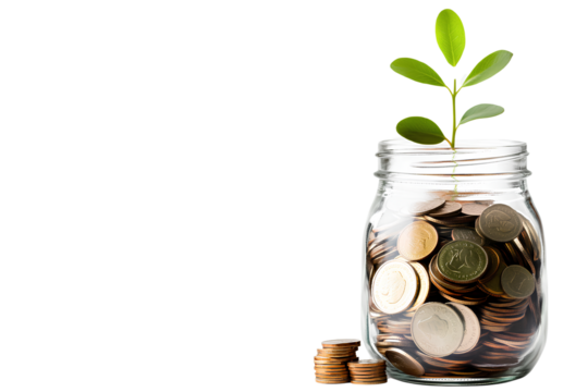 A glass jar filled with coins and a sprouting plant, isolated on a transparent background - Powered by Adobe