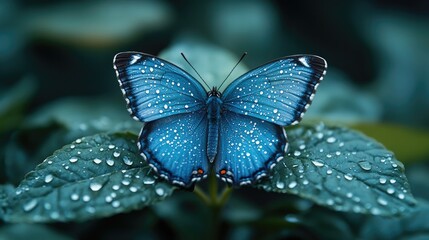 Capture a delicate blue butterfly perched on a leaf, softly illuminated by natural light, adorned with glistening dewdrops for an enchanting effect.