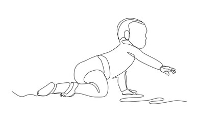 Continuous single line of cute new born baby crawling and playing. Kid childhood sketch drawing editable stroke vector illustration