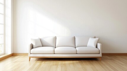 Clean minimalist living room, pale fabric couch, light wood niche, single wall mounted light block, no decor, soft balance
