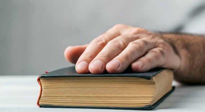 Male hand on closed book - symbol of oath or promise, caucasian adult, close-up