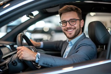 Portrait of a handsome man sitting in a new car at an auto showroom, smiling and holding the steering wheel while driving the vehicle with his hands on the wheel