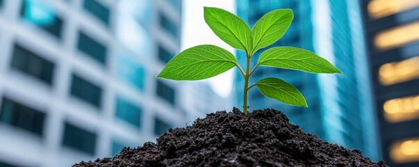 A small green plant emerges from dark soil, contrasting against a backdrop of modern buildings, symbolizing growth and resilience in an urban environment, Green Technology.