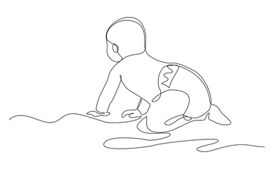 Continuous single line of cute new born baby crawling and playing. Kid childhood sketch drawing editable stroke vector illustration