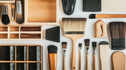 Artist's paintbrushes, tools, and palettes arranged on white background for website banner