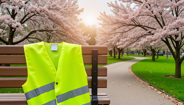 High-visibility neon yellow safety vest on park bench with cherry blossoms, Labor Day theme