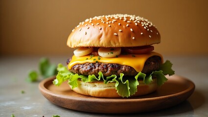 A juicy cheeseburger, perfectly grilled patty melting with cheddar, nestled in a sesame seed bun, vibrant lettuce and tomato adding freshness, all served on a rustic wooden plate.