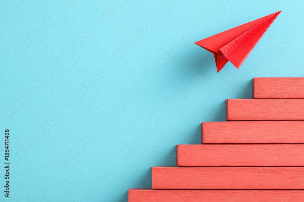 Poster red paper airplane ascending red block steps on pastel cyan background symbolizing growth