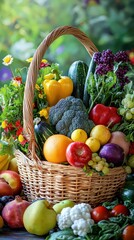 Overflowing Basket of Fresh Seasonal Organic Produce and Vegetables