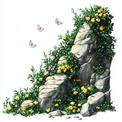 Rock Formation with Blooming Flowers and Butterflies