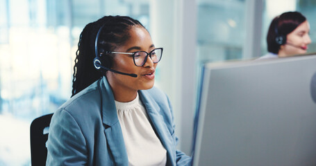 Consultant, business or woman in call center for customer service, loan questions or finance...