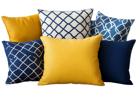 Set of yellow and blue pillows with a white pattern, isolated on a transparent background