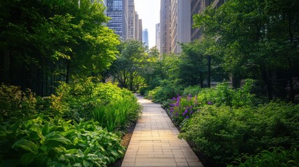 A path in a park with trees and flowers