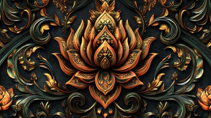 Intricate lotus design, vibrant floral patterns, enchanting colors on dark background, perfect for wellness themes or decor.