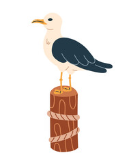 Seagull at the pier sits on a wooden pole with a rope. Seabirds standing, side view. Flat vector illustration isolated on white background.