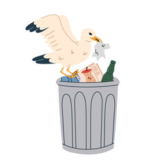 Seagull searches for food among the garbage. Trash can with heap of mixed rubbish. Ecology and infrastructure of the city. Flat vector illustration isolated on white background.