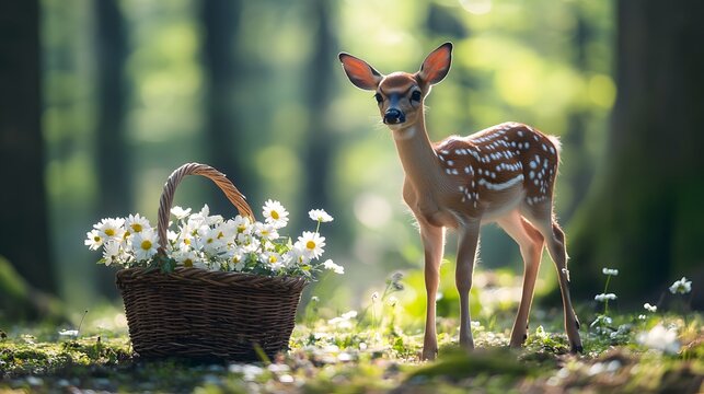 A deer standing near a basket of flowers that was just picked in the heart of the woods