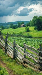 Rustic Organic Farm Scene with Weathered Fences and Lush Fields