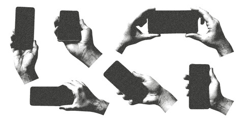 Hands with a phone with the effect of photocopy, for making collages in the grunge-punk style. Vector.