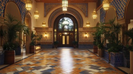 Obraz premium Grand hotel lobby, ornate details, inviting space