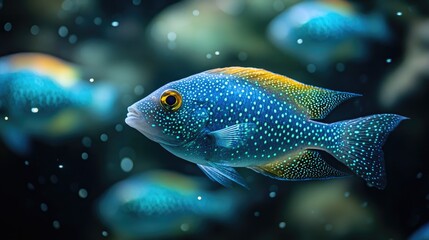 Blue fish swims in aquarium, others blurred