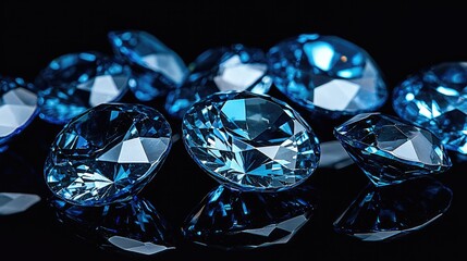 Artistically arranged on a reflective surface, sapphire gemstones in various shades of blue showcase their elegance, depth, and mesmerizing beauty.