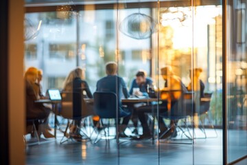 Blurred background of a business meeting in a modern office with people sitting at a table, a team working together having a discussion. View through a glass wall