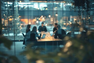 Blurred background of a business meeting in a modern office with people sitting at a table, a team working together having a discussion. View through a glass wall