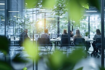 Obraz premium Blurred background of a business meeting in a modern office with people sitting at a table, a team working together having a discussion. View through a glass wall