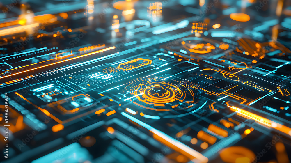Poster exploring digital technology innovations virtual environment data visualization futuristic design