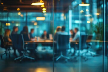 Blurred background of a business meeting in a modern office with people sitting at a table, a team working together having a discussion. View through a glass wall