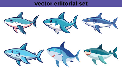 Shark Vector Editorial Set, A sleek set of shark illustrations in vector format, perfect for creative and editorial design projects.
