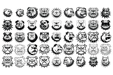Collection of Angry Bulldog Mascot Vector Illustrations in Black and White Background with Spiked Collars design