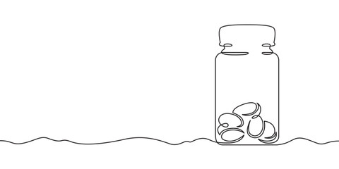 Continuous one line drawing bottle with pills.Medicine.Medical symbol.