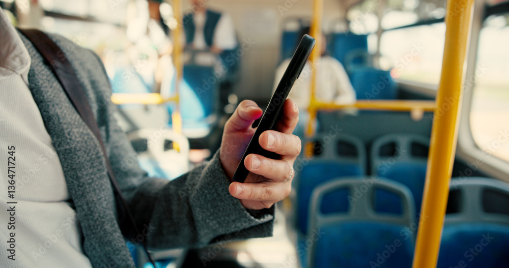 Aufkleber travel, hands and typing with phone on bus for transport schedule, checking email and morning commut