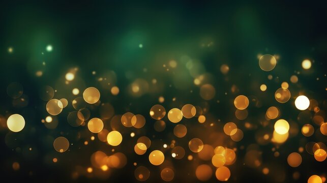 golden bokeh lights glowing in dark green christmas background