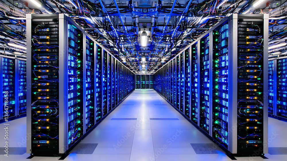 Aufkleber data center operations high-tech facility server infrastructure modern environment wide-angle view t