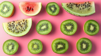 Fototapeta premium Slices of vibrant watermelon and kiwi fruit on a bright pink background evoke a refreshing, delightful summer vibe that pleases the senses.