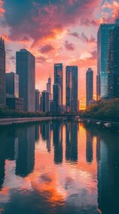 Fototapeta premium Stunning Urban Sunset Reflection Over City River Scene