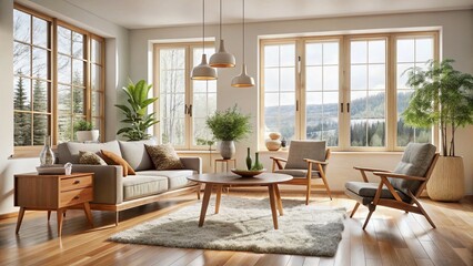 Bright Scandinavian Mid-Century Modern Living Room with Large Windows and Natural Light