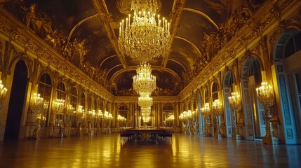 Fototapeta premium Grand palace hall, opulent chandeliers, golden interiors