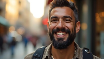 Fototapeta premium Man Smiling with Beard in City Setting Happy Travel Portrait