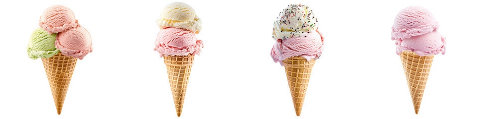 Variety of colorful and creamy ice cream scoops in different flavors served in classic waffle cones creating a visually appealing and tempting frozen dessert scene