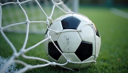 Fototapeta premium Soccer Ball in Net on Green Grass Field Close-up Game