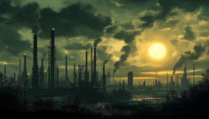Obraz premium Industrial Sunset Pollution, Smokestacks, Refinery, Factories, Dusk, Sky, Clouds, Oil, Cityscape, La