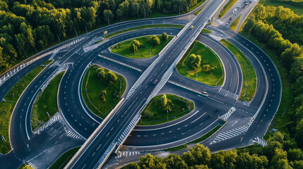 An aerial view from a drone captures a section of a road junction, showcasing the intricate layout of highways, ramps, and intersection