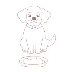 A cute dog in a linear style is sitting in front of a bowl. Vector illustration isolated on a white background.