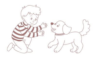 A boy in a striped sweater is playing with his dog. Outline. Vector illustration isolated on a white background.