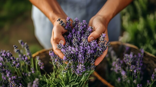 A person is hands weaving freshly picked lavender into a small bouquet